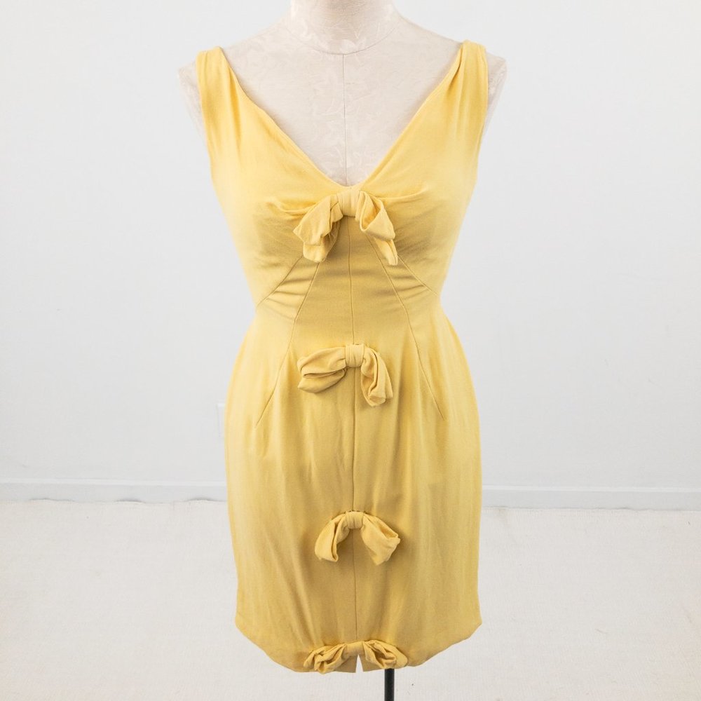 Vintage 60s V Neck Bow Front Mini Dress Yellow - Picture 9 of 9